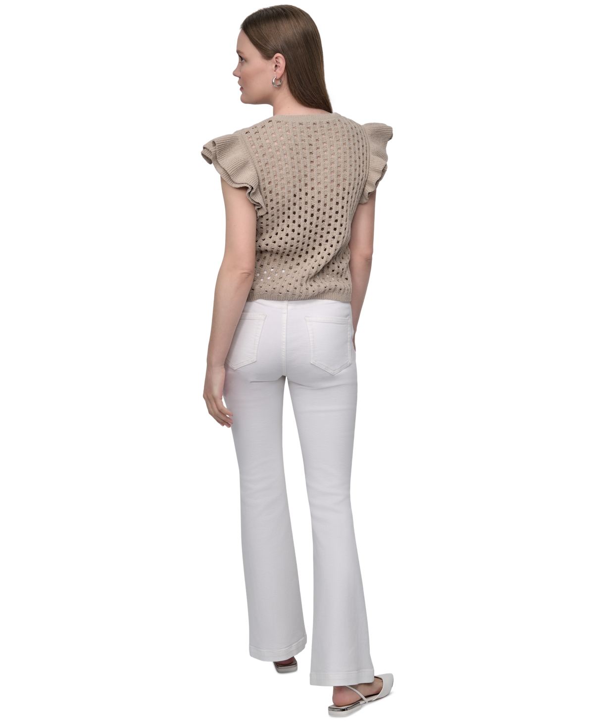 Dkny Jeans Women's Baby Chenille Pointelle Rib Flutter-sleeve Sweater In Neutral