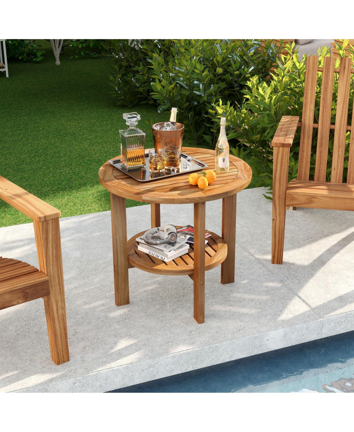 Outdoor Teak Wood Round Side Table Patio End Table with Slatted Storage Shelf