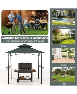 Outdoor Double-Tiered Grill Gazebo Canopy with 2 Shelves and 7 Hooks