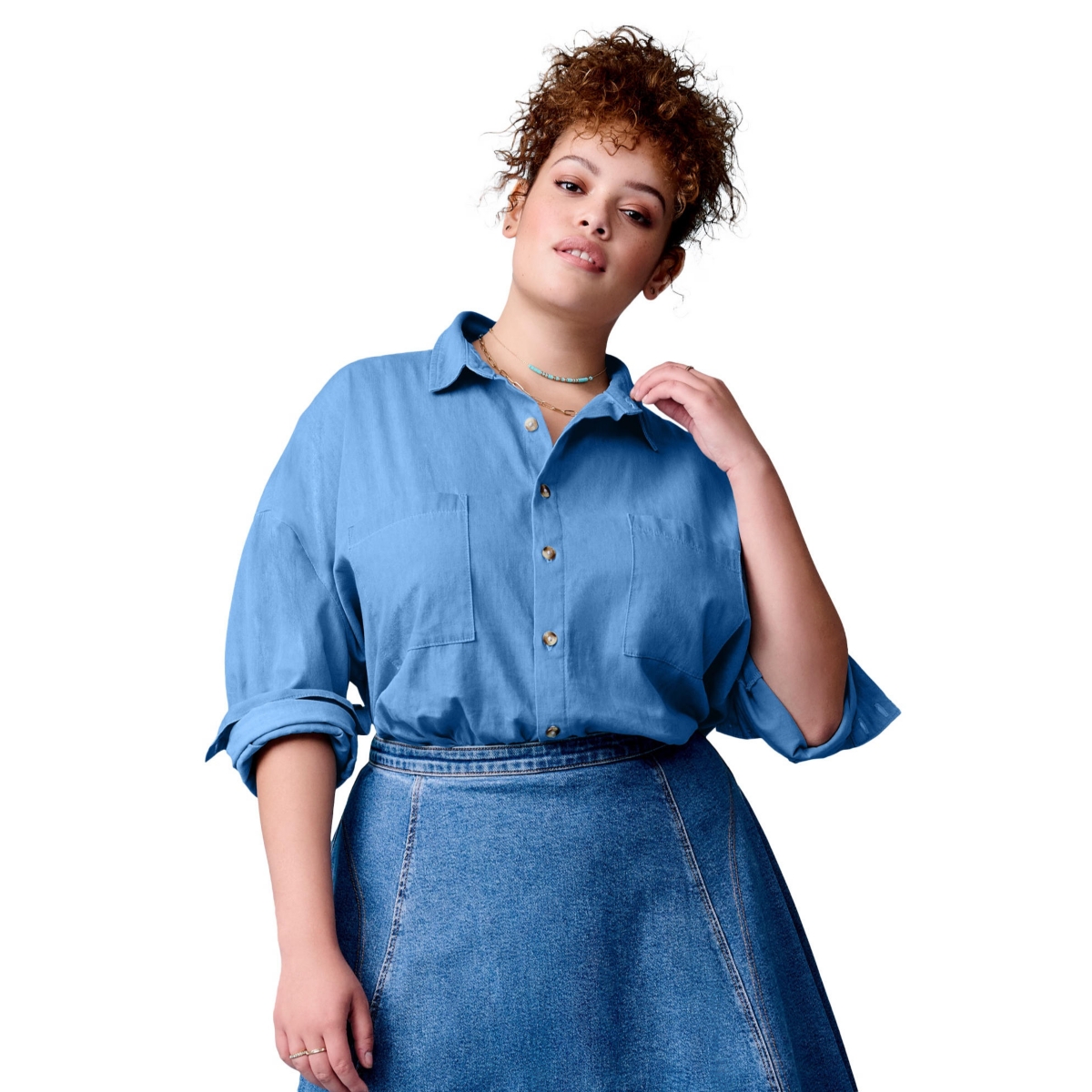 Plus Size June + Vie Chambray Blouse - Vintage medium wash