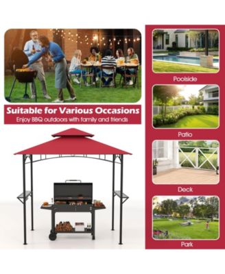 Outdoor Double-Tiered Grill Gazebo Canopy with 2 Shelves and 7 Hooks-Red