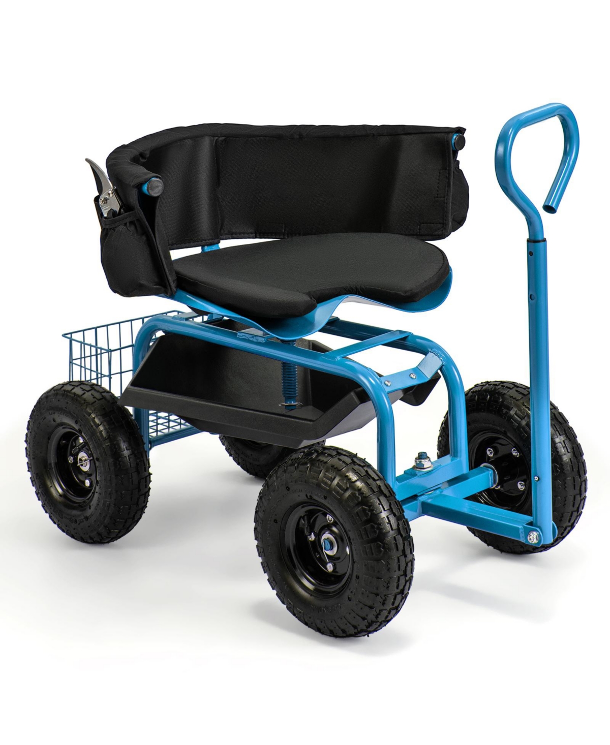Cushioned Rolling Garden Cart Scooter with Storage Basket and Tool Pouch - Blue