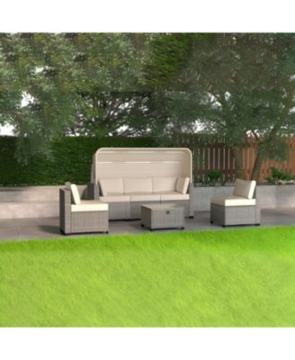 6 Pieces Patio Furniture Sets, Outdoor Rattan Daybed with Retractable Canopy, Outdoor Sectional Sofa Set with Adjustable Backrest, Chaise Chair Sunbed