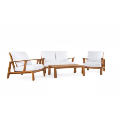 4 Person Outdoor Sofa Set Patio Seating Group with Cushions Coffee Table Teak Finish White Cushion