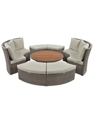 5-Piece Round Rattan Sectional Sofa Set All-Weather PE Wicker Sunbed Daybed with Round Liftable Table and Washable Cushions