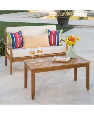 2 Pieces Acacia Wood Outdoor Loveseat with Coffee Table and Beige Cushions for Patio Backyard
