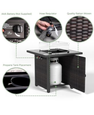 28 in. Propane Fire Pit Table, Rattan and Wicker,50000 BTU, Glass Windscreen Protector