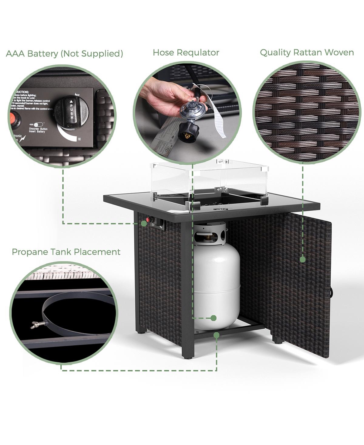 28 in. Propane Fire Pit Table, Rattan and Wicker,50000 Btu, Glass Windscreen Protector