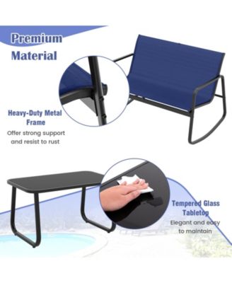 4 Piece Patio Rocking Set with Glass-Top Table-Navy