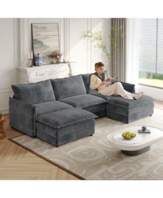 Streamdale Corduroy 3-Seater Cloud Couch with Footrests & Cushions