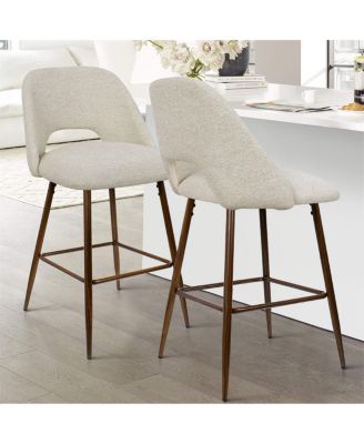  Set of 4  Textured Fabric, Walnut-Finished Metal  Curved Backrest, Padded Seat, Footrest Counter Height Stools
