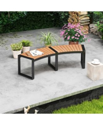Patio Curved Bench with Slatted Seat and Metal Legs-2 Pieces