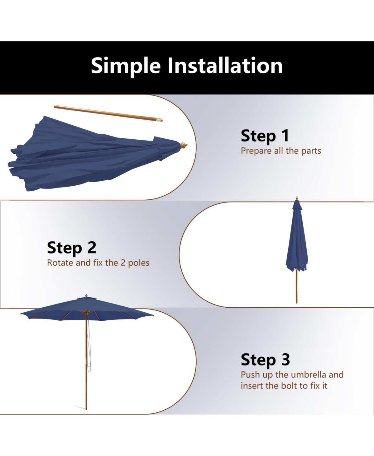 10 Feet Patio Umbrella with 8 Wooden Ribs and 3 Adjustable Heights-Navy