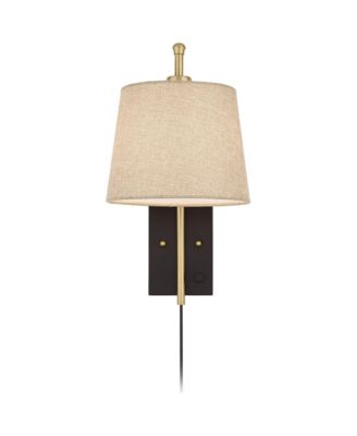 Chester Modern Swing Arm Wall Lamp Brass Black Plug-in Light Fixture Tan Drum Shade for Bedroom Bedside Living Room Reading Home House