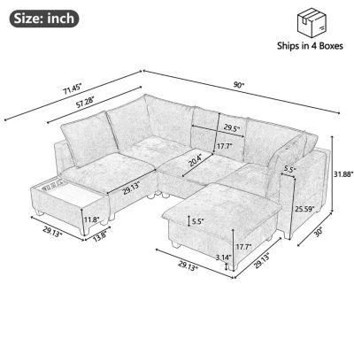 90" U-Shaped Sectional Sofa Ottoman & Charging