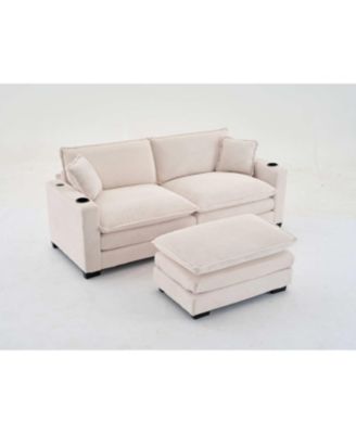 Streamdale L Shape Corduroy Sofa w/ USB, Cup Holder & Ottoman - Beige