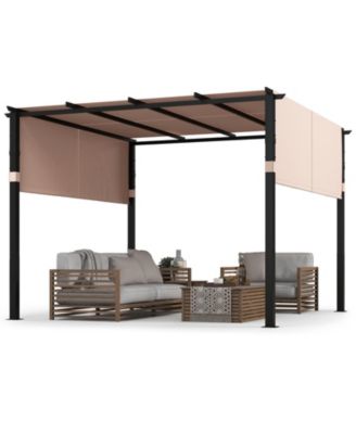 10 x 10 ft Flat Top Pergola with Retractable Canopy for Garden Pool Porch and Backyard-Beige