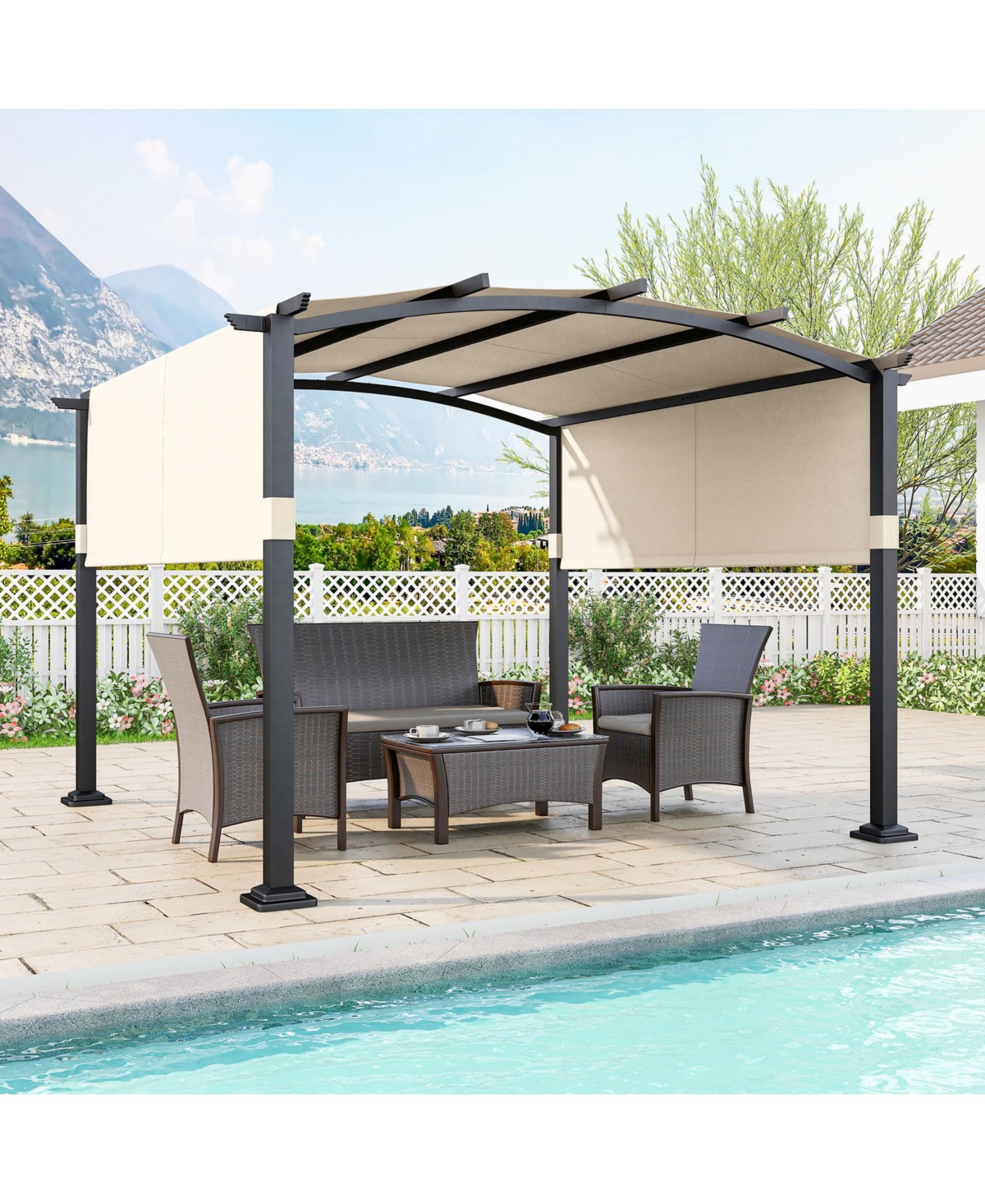 10 x 10 ft Outdoor Pergola Modern Arched Patio Garden Shelter with Retractable Sunshade Canopy