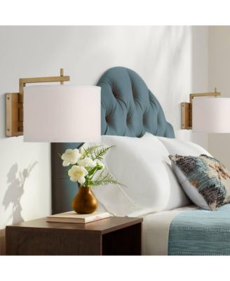 Adair Modern Wall Lamps Set of 2 Warm Brass Metal Plug-in 12" Light Fixture Linen Drum Shade for Bedroom Reading Living Room Hallway Home