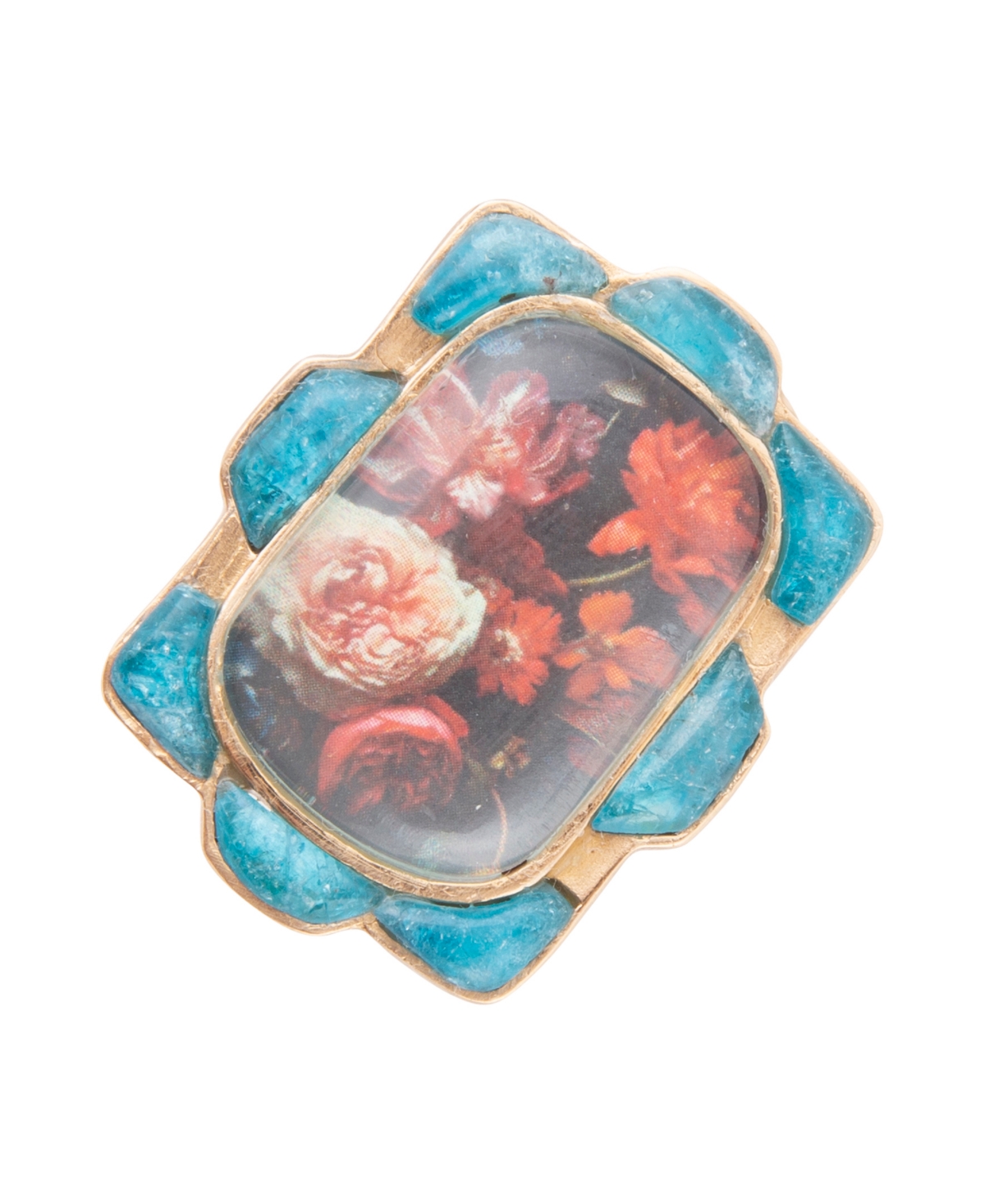 Scenic Red Floral Blue Apatite Golden Statement Ring - Genuine Apatite