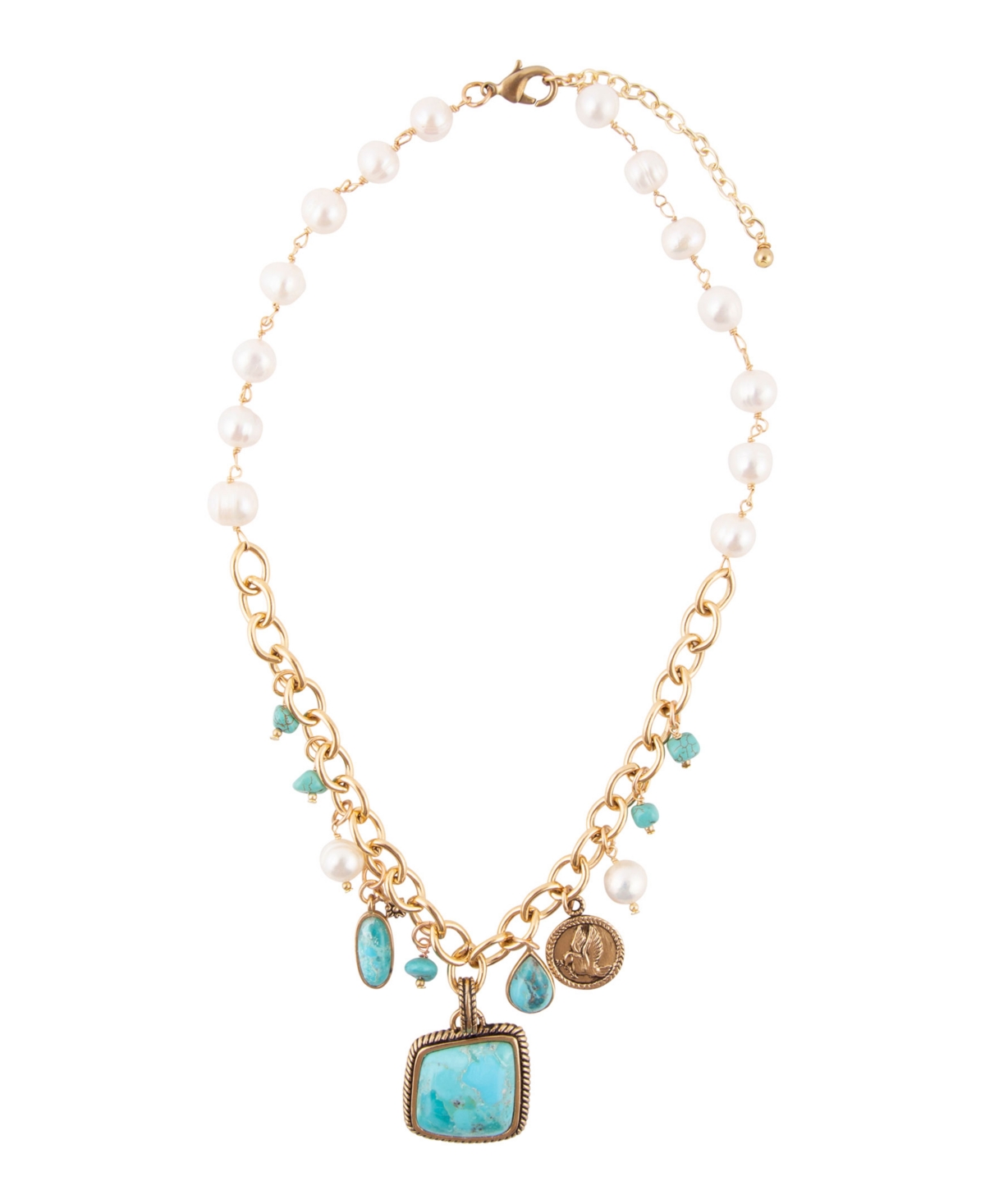 Blue Turquoise and White Cultivated Pearl Multi Pendant Necklace - Genuine Turquoise, Magnesite, Pearl