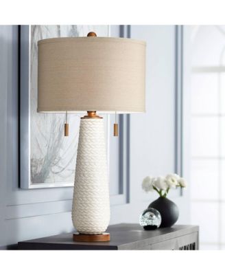 Kingston Modern Mid Century Table Lamps 32 3/4" Tall Set of 2 White Textured Ceramic Taupe Drum Shade for Bedroom Living Room Home