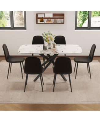 White Marble Dining Set: 63" Table & 6 Black PU Chairs - Macy's