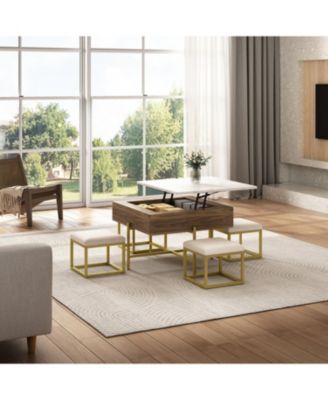 Modern Square Lift-Top Coffee Table Set with Storage & 4 Ottomans