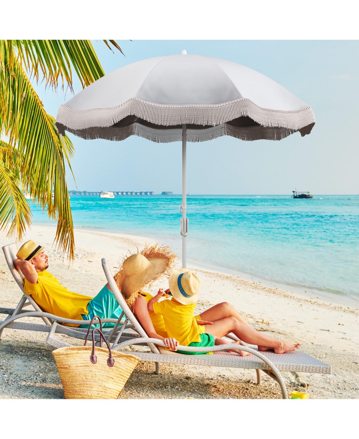 6.5 Ft Beach Umbrella with Fringe Outdoor Tassel Umbrella with Push Button Tilt
