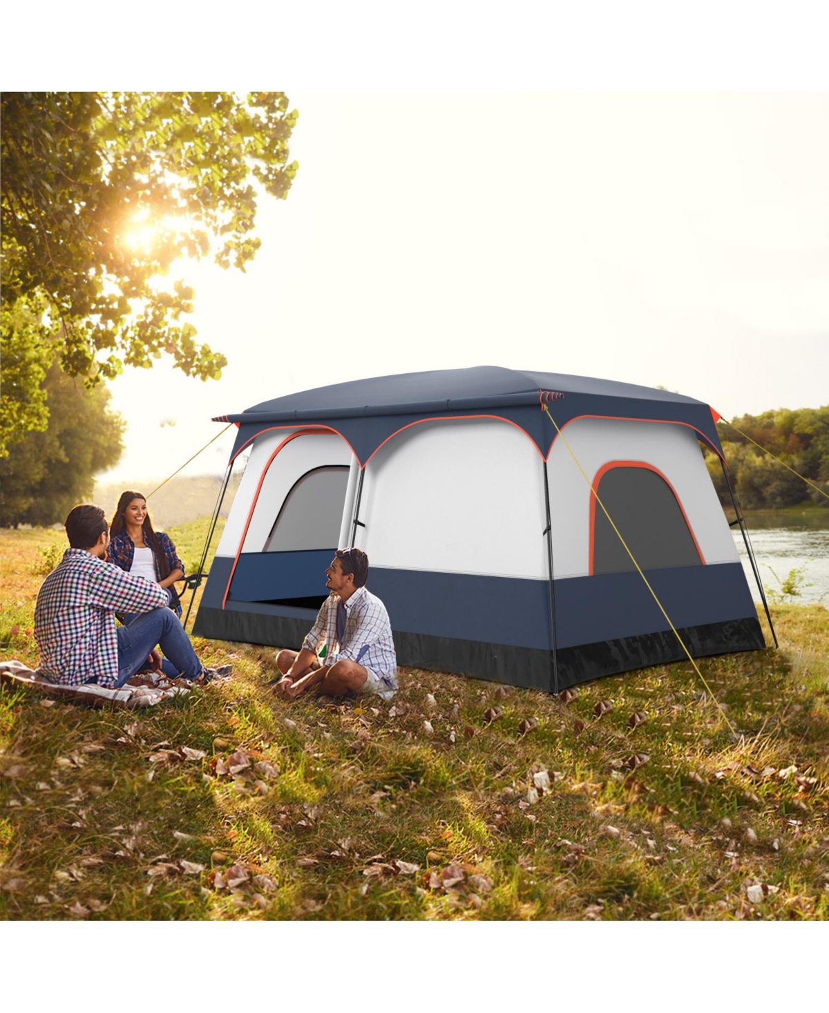 6-8 Person Camping Tent with Double Rooms and 2 Doors-Navy