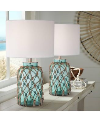 Nautical Accent Table Lamps 22.5" High Set of 2 Coastal Blue Green Rope Net Off White Drum Shade for Living Room Family Bedroom