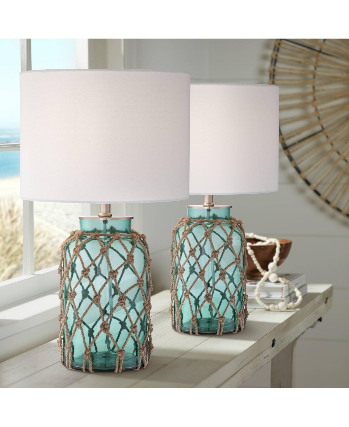 360 Lighting Nautical Accent Table Lamps 22.5" High Set of 2 Coastal Blue Green Rope Net Off White Drum Shade for Living Room Family Bedroom