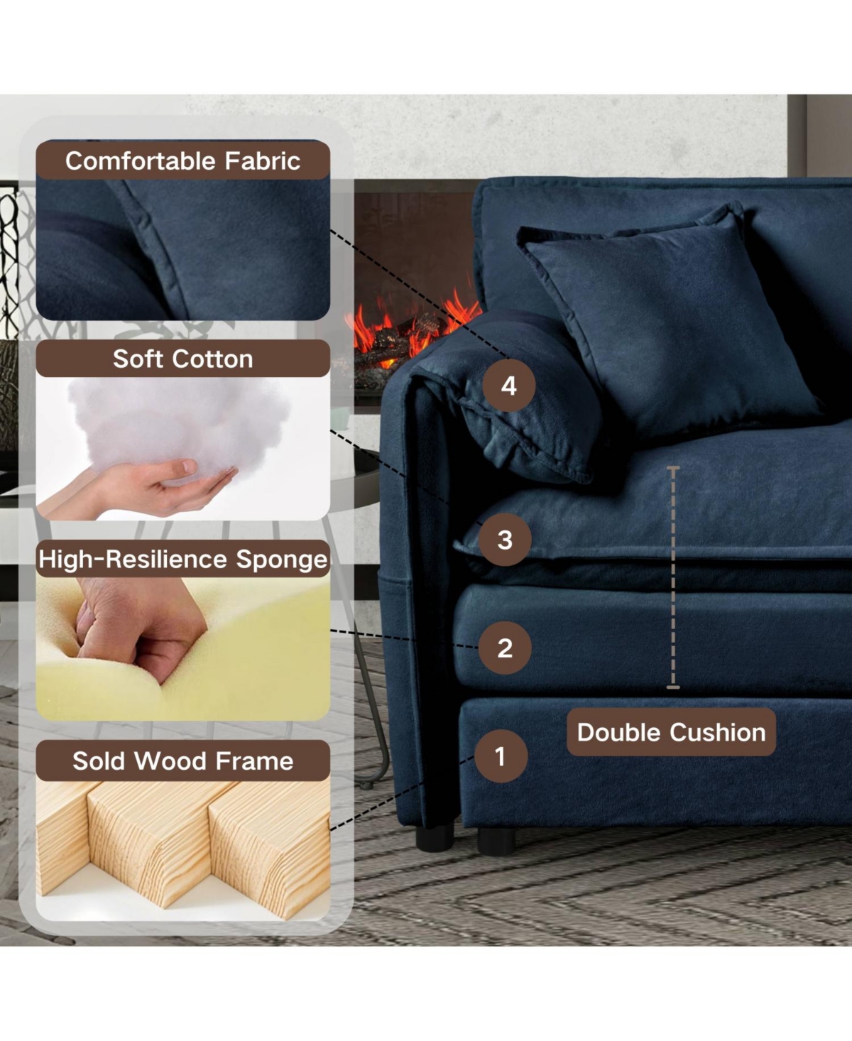 Streamdale Deep Seat Cloud Sofa with Ottomans & Pillows, Modular Couch, Blue