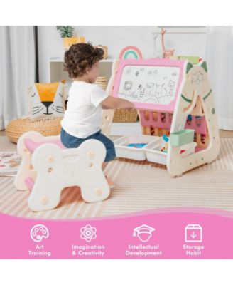 3-In-1 Double Sided Magnetic Dry-Erase Board with Stool and Flipped Writing Desktop