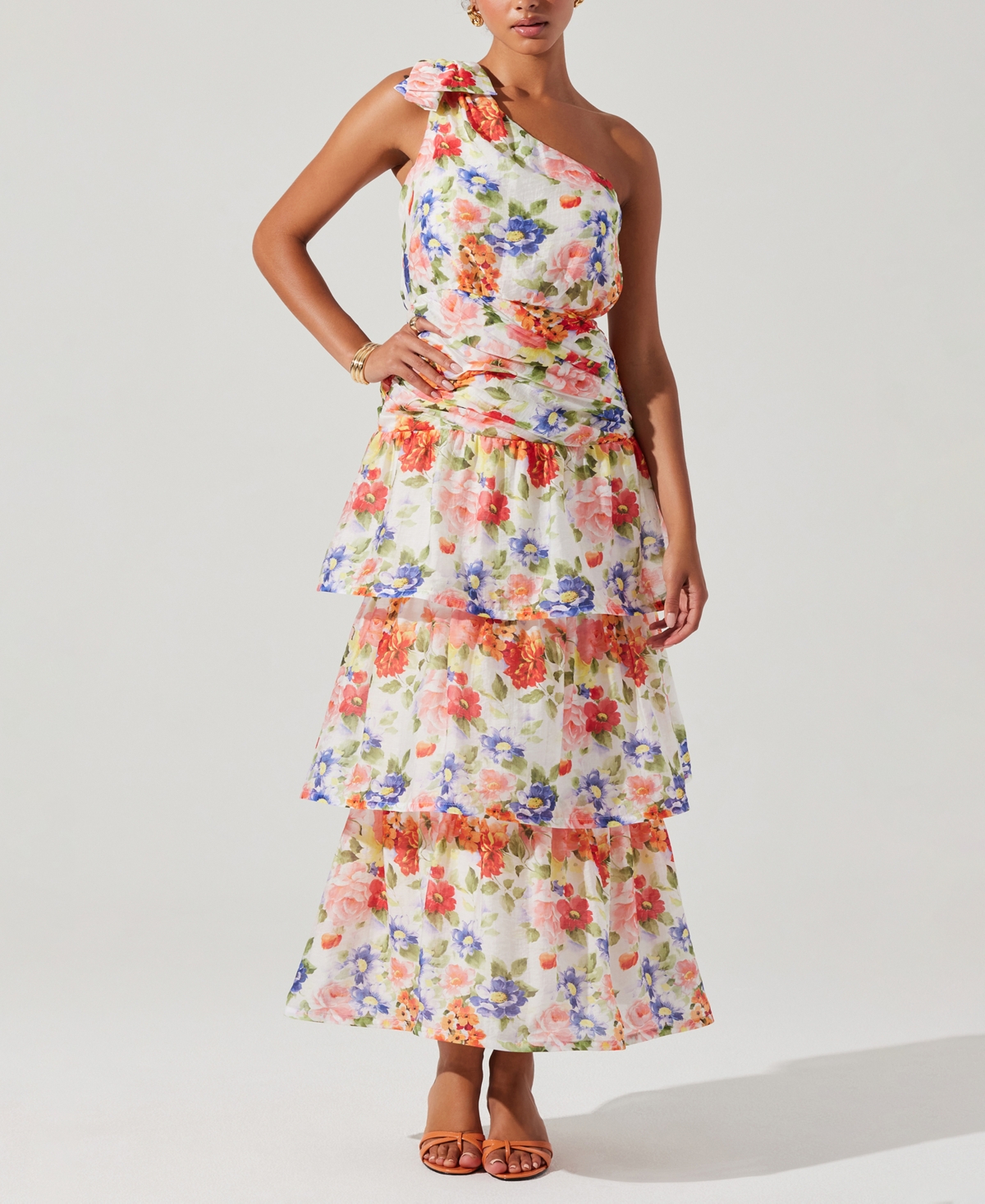 Astr The Label Natali Floral Print One-shoulder Tiered Dress In Multi