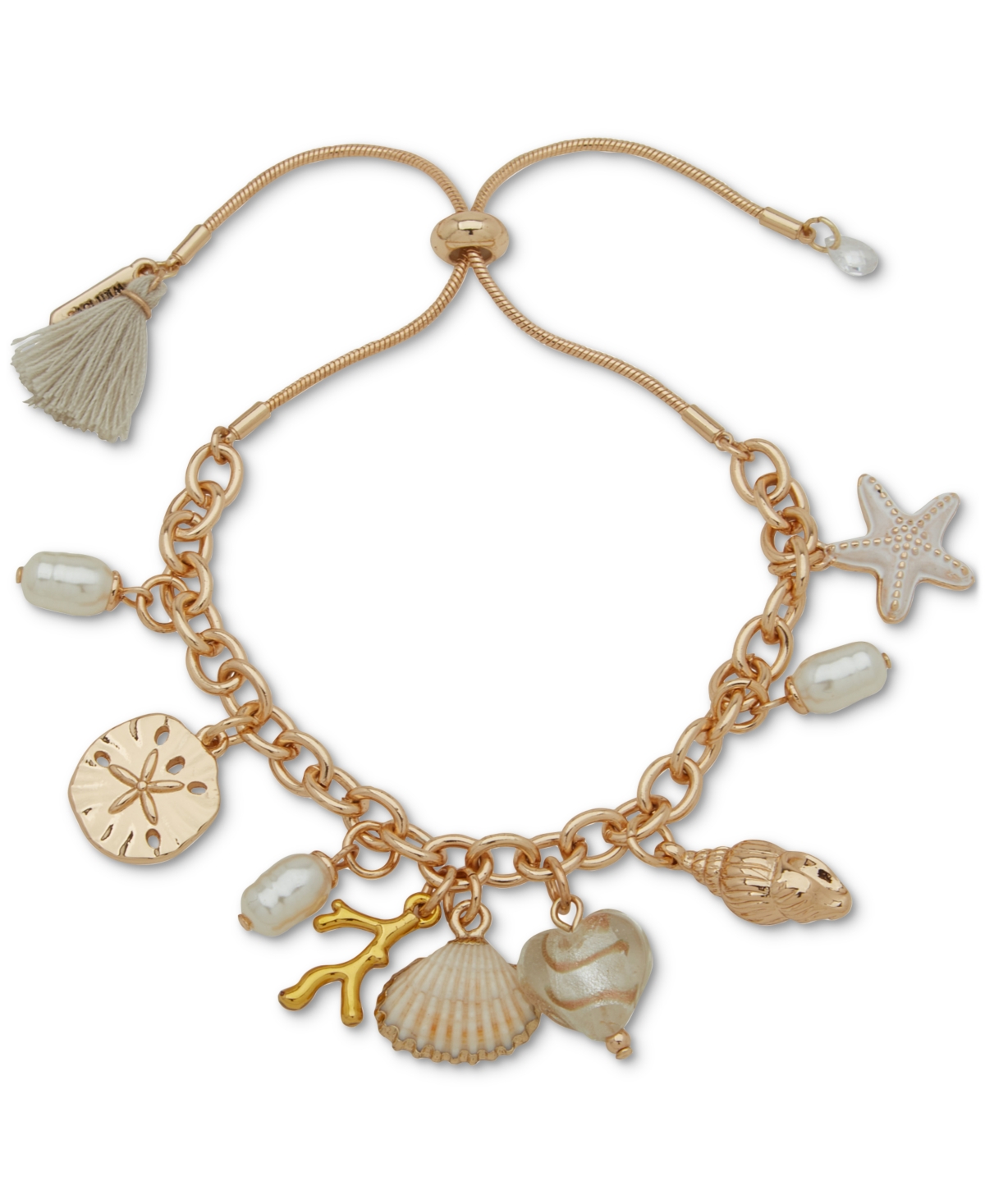 Gold-Tone Stone & Imitation Pearl Sea-Motif Charm Bracelet - White/Gold