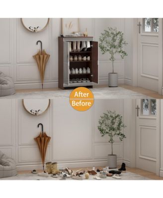 Elegant Decor Mirrored Cabinet with Silver Edging, Mirrored Cabinet with Double Door Storage, Shoe Storage Cabinet for Entryway, Glass+Brown Finish