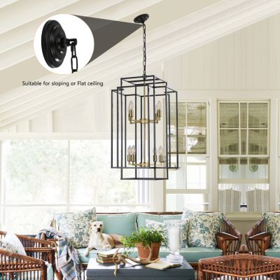 8-Lights Black & Gold Lantern Tiered Pendant Light Fixtures, Industrial Farmhouse Hanging Chandelier (No Bulbs)