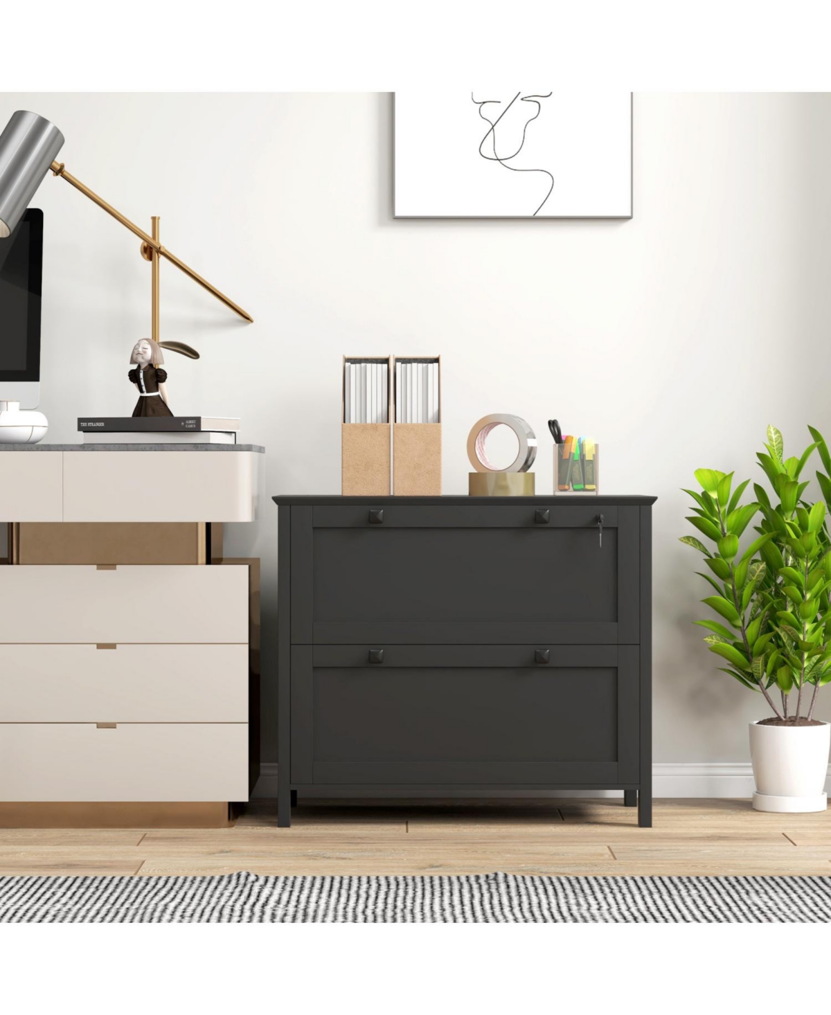 2 Drawer File Cabinet with Lock, Lateral Filing Cabinet with Keys and Adjustable Hanging Bar for Letter, A4 and Legal Size, File Cabinet for Home Offi
