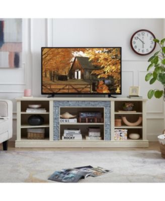 Modern TV Stand with Faux Stone Surround and Ample Storage