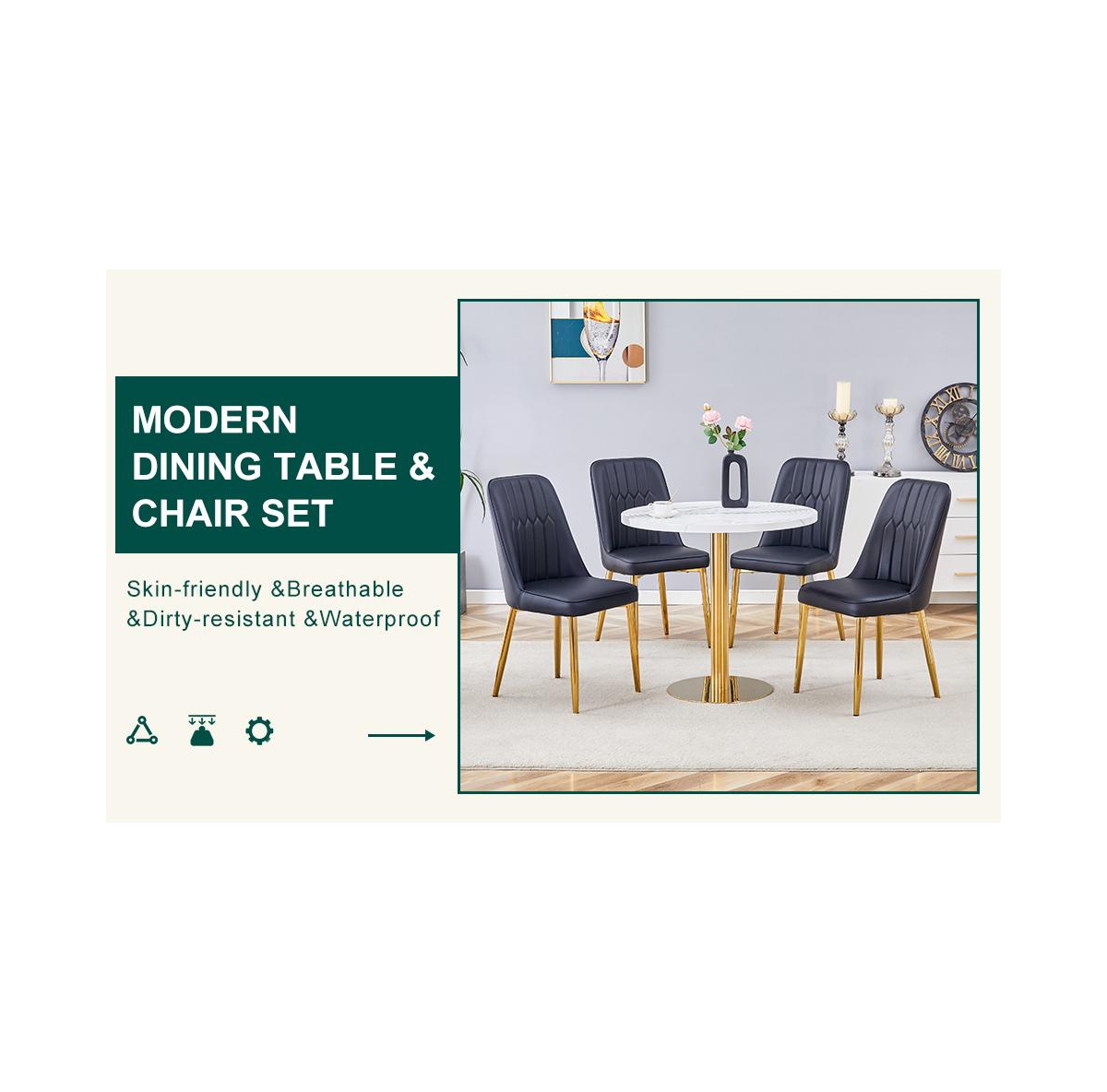 Streamdale Marble Pattern Round Dining Table and Black Pu Chairs (4)