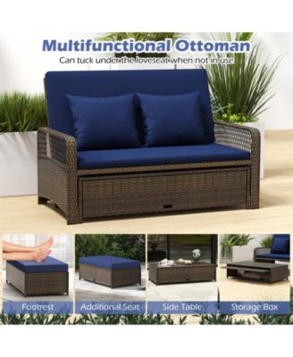 Patio Adjustable Wicker Daybed with 4-Level Backrest and Soft Cushions-Navy
