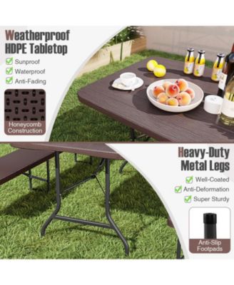 6 Feet Folding Table with Wood Grain HDPE Tabletop and Safe Lock Mechanism-Brown