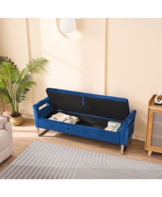 Navy Velvet Storage Bench with Armrests - 67.91" Wide