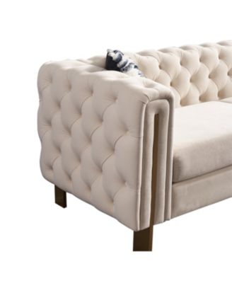  1 Pc  Velvet  Tufted, Chesterfield Style, Gold Metal Legs, Removable Cushions, Includes Pillows  84.25"W Living Room Sofa