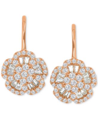 Cubic Zirconia Round & Baguette Flower Motif Leverback Drop Earrings