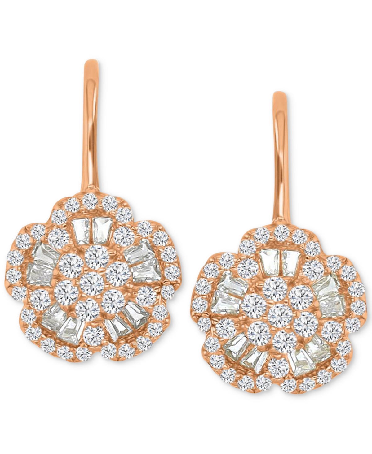 Macy's Cubic Zirconia Round & Baguette Flower Motif Leverback Drop Earrings