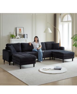 Streamdale Oversized U-Shaped Corduroy Sectional Sofa with Ottomans (Black)