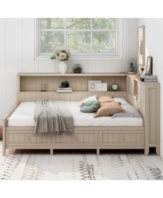 Full Size Wood Daybed with Storage Shelves and 3 Drawers, Antique White Milk