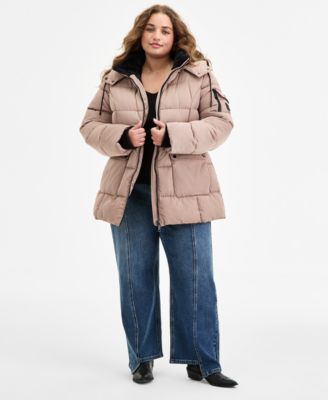 Plus Size Hooded Utility-Pocket Puffer Coat